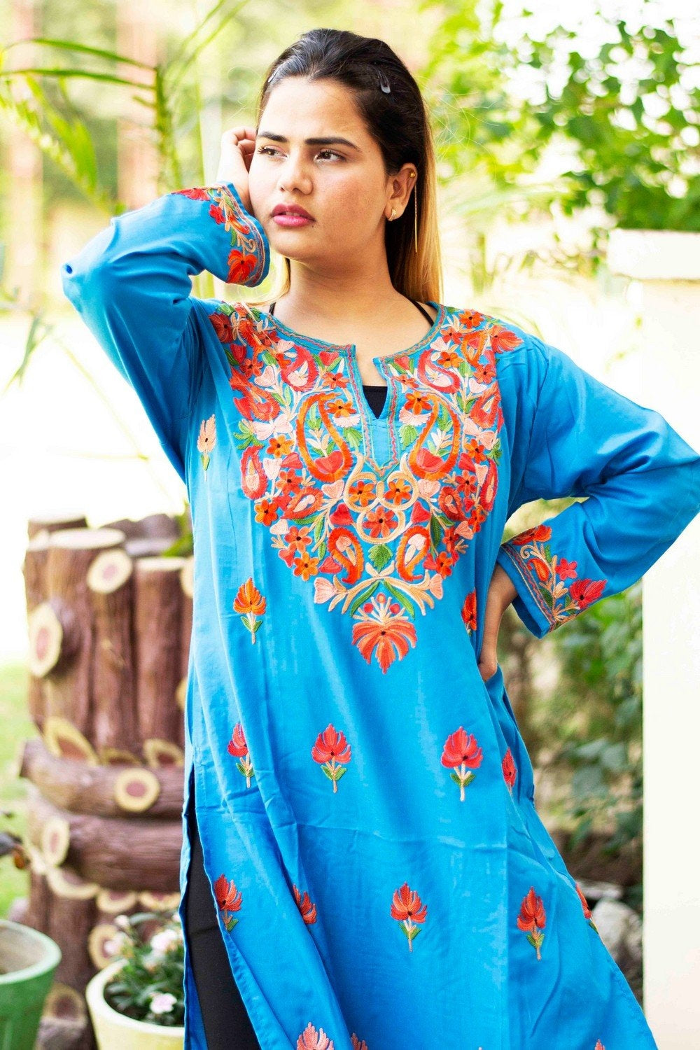Blue Colour Cotton Kurti With Beautiful Aari Embroidery