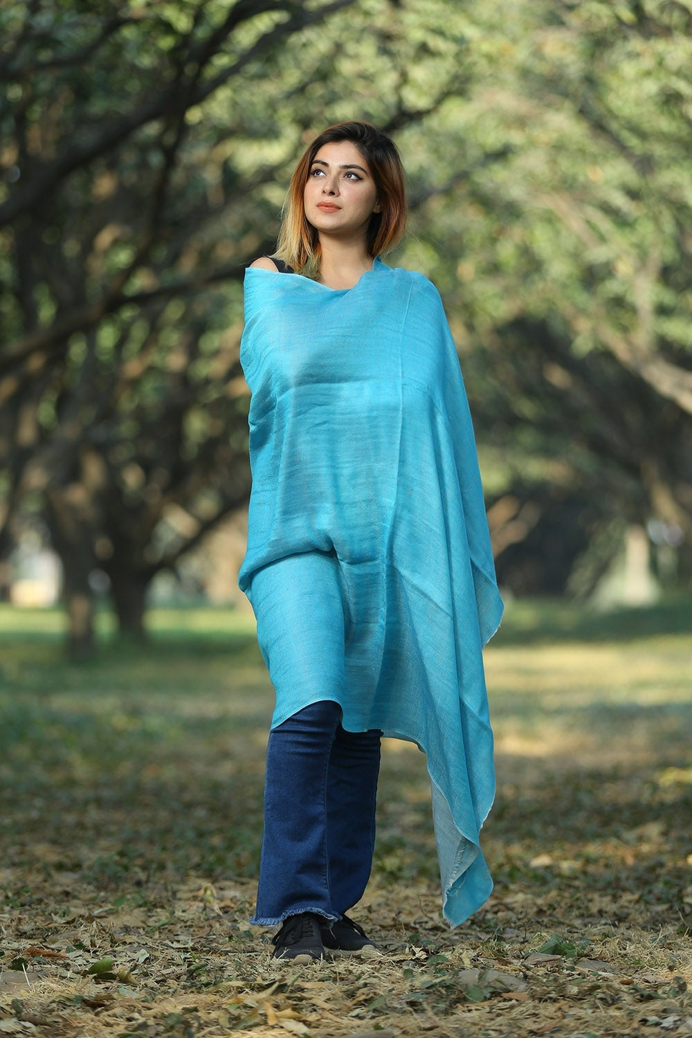 BLUE COLOUR FINE WOOL SHAWL DEFINES FEMINISM AND ENHANCES