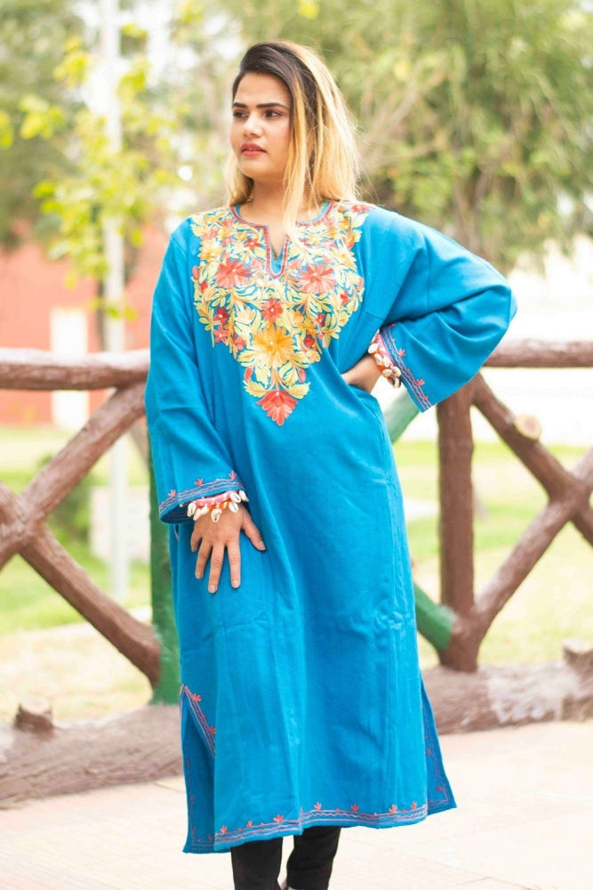 blue colour kashmiri work embroidered phiran enriched neckline pattern phirans 298