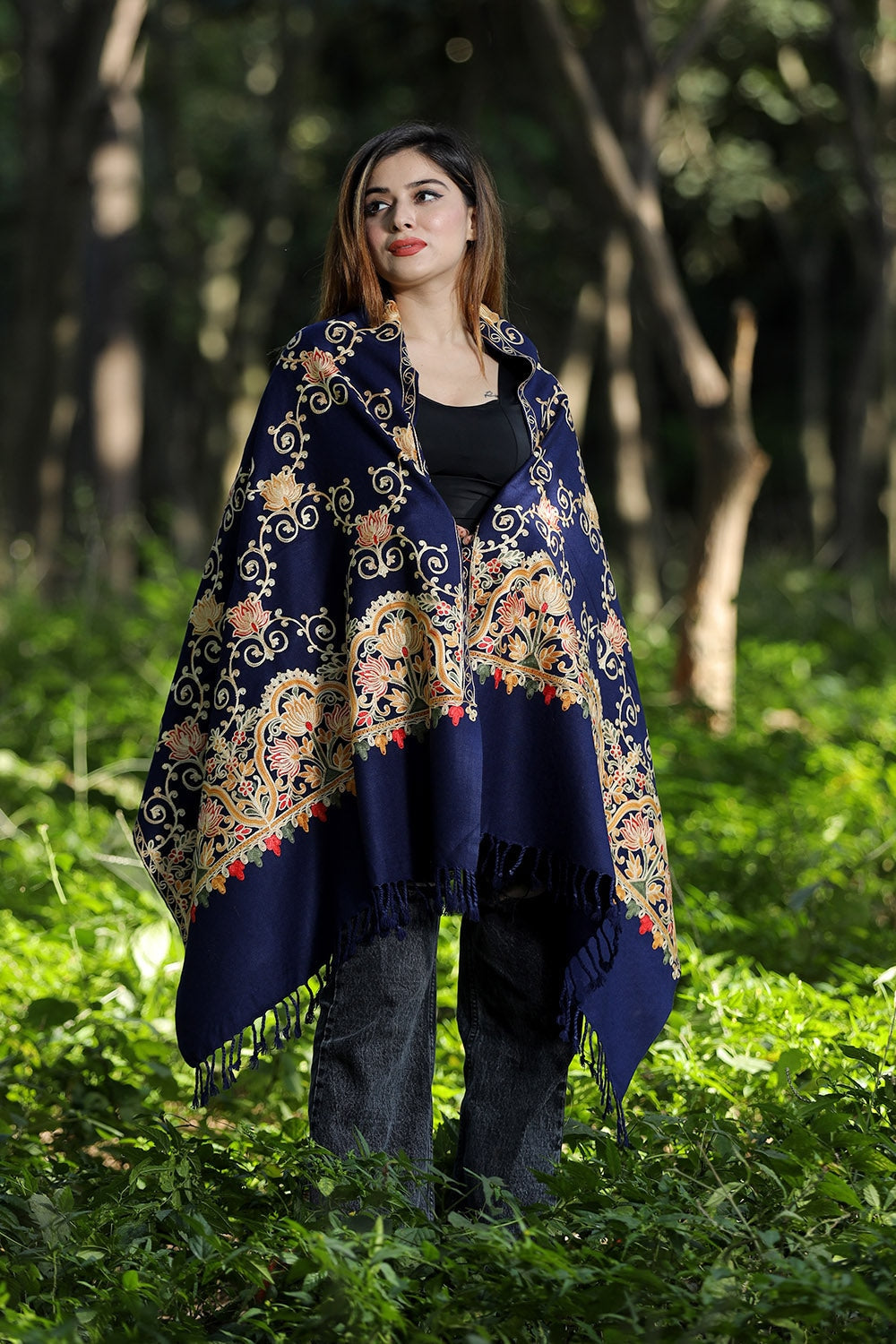 Navy Blue Colour Wolen Base With Rich All Over Kashmiri Jaal
