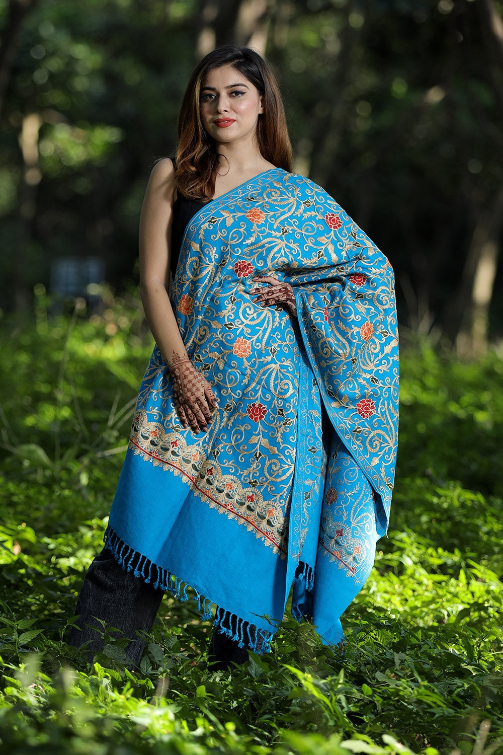 Blue Colour Wolen Base With Rich All Over Kashmiri Jaal