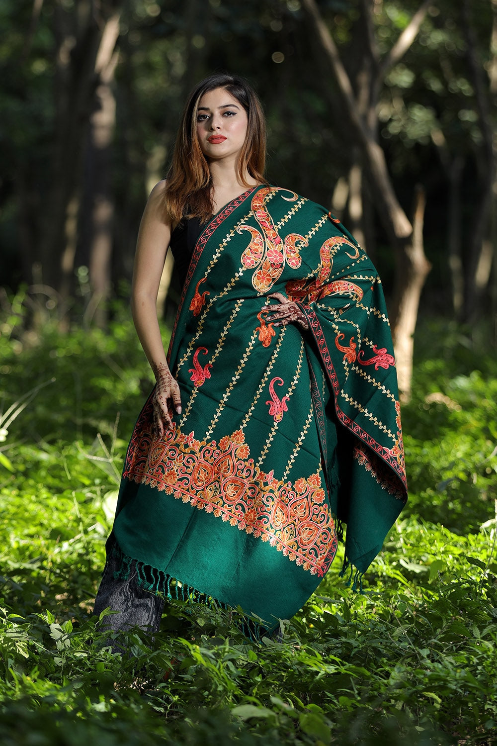 Green Colour Wolen Base With Rich All Over Kashmiri Jaal