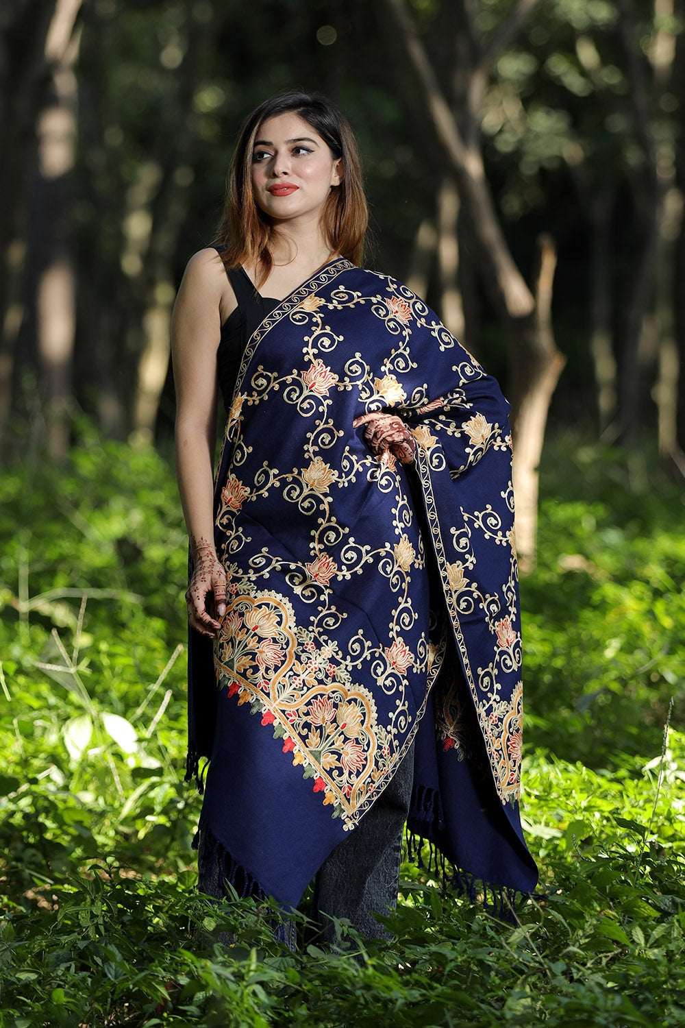 Navy Blue Colour Wolen Base With Rich All Over Kashmiri Jaal