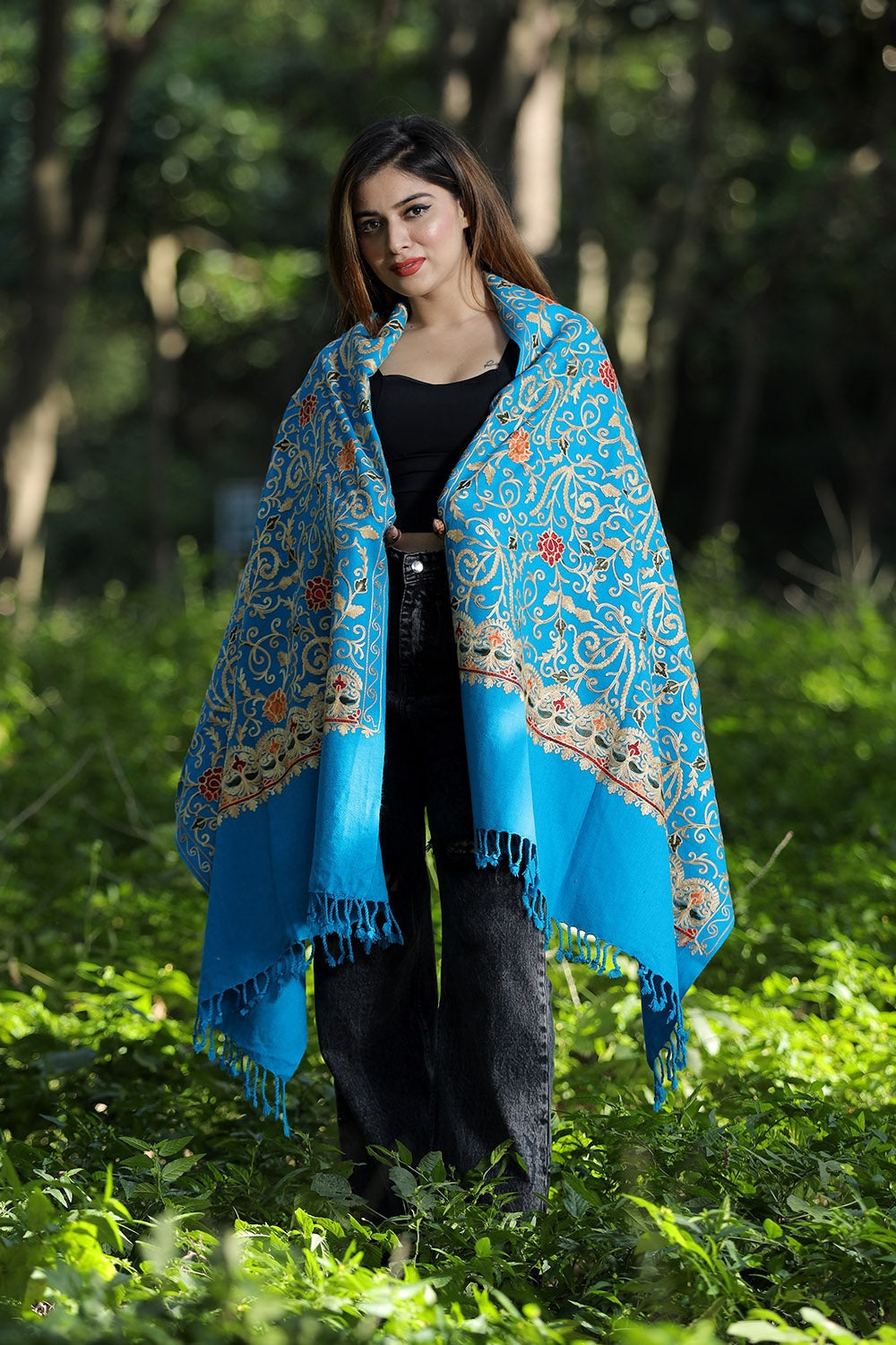 Blue Colour Wolen Base With Rich All Over Kashmiri Jaal