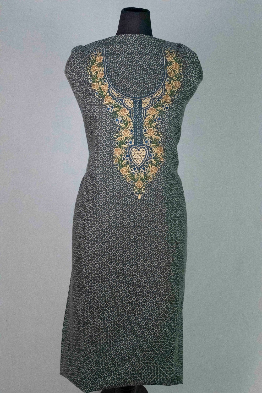 Blue Colour Woolen Kani Printed Suit With Neck And Over All