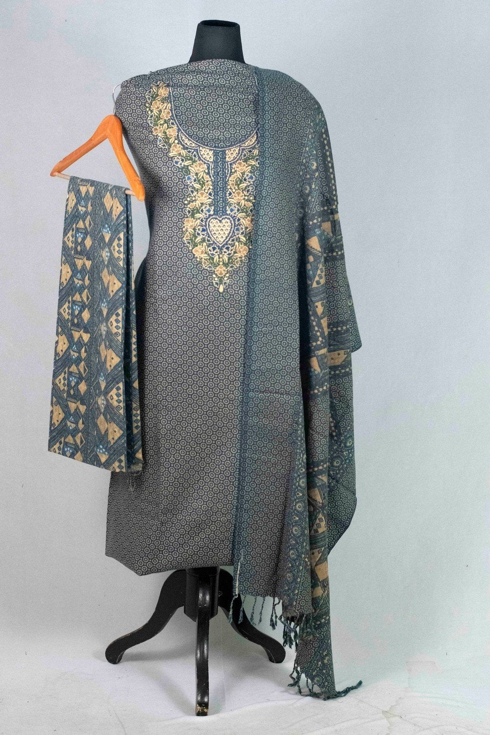 Blue Colour Woolen Kani Printed Suit With Neck And Over All