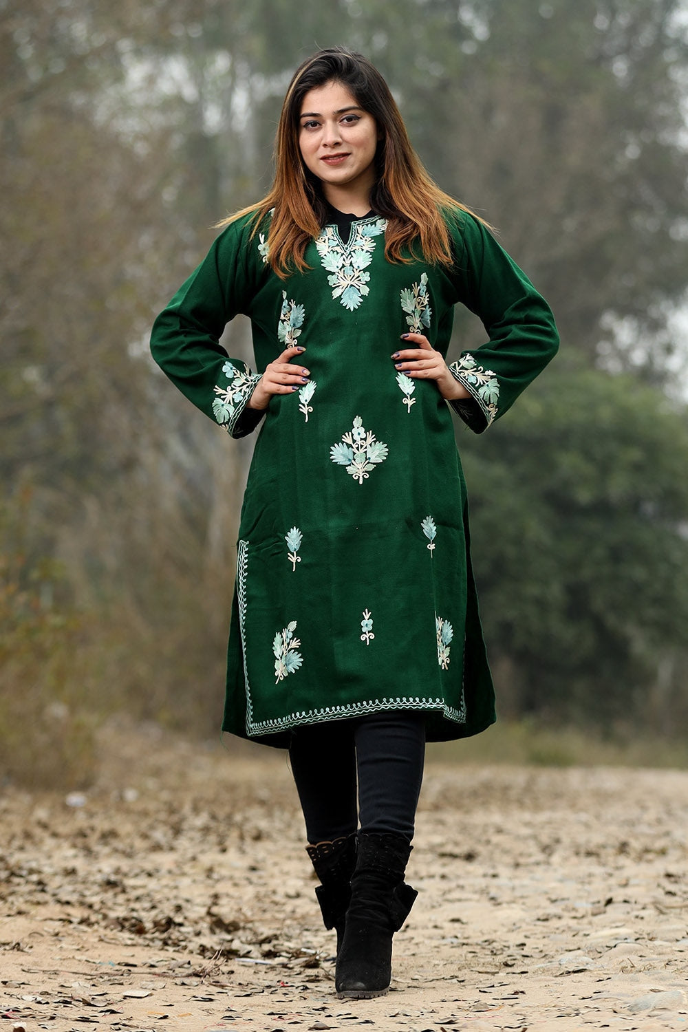 Bottle Green Color Aari Work Embroidered Kurti With New