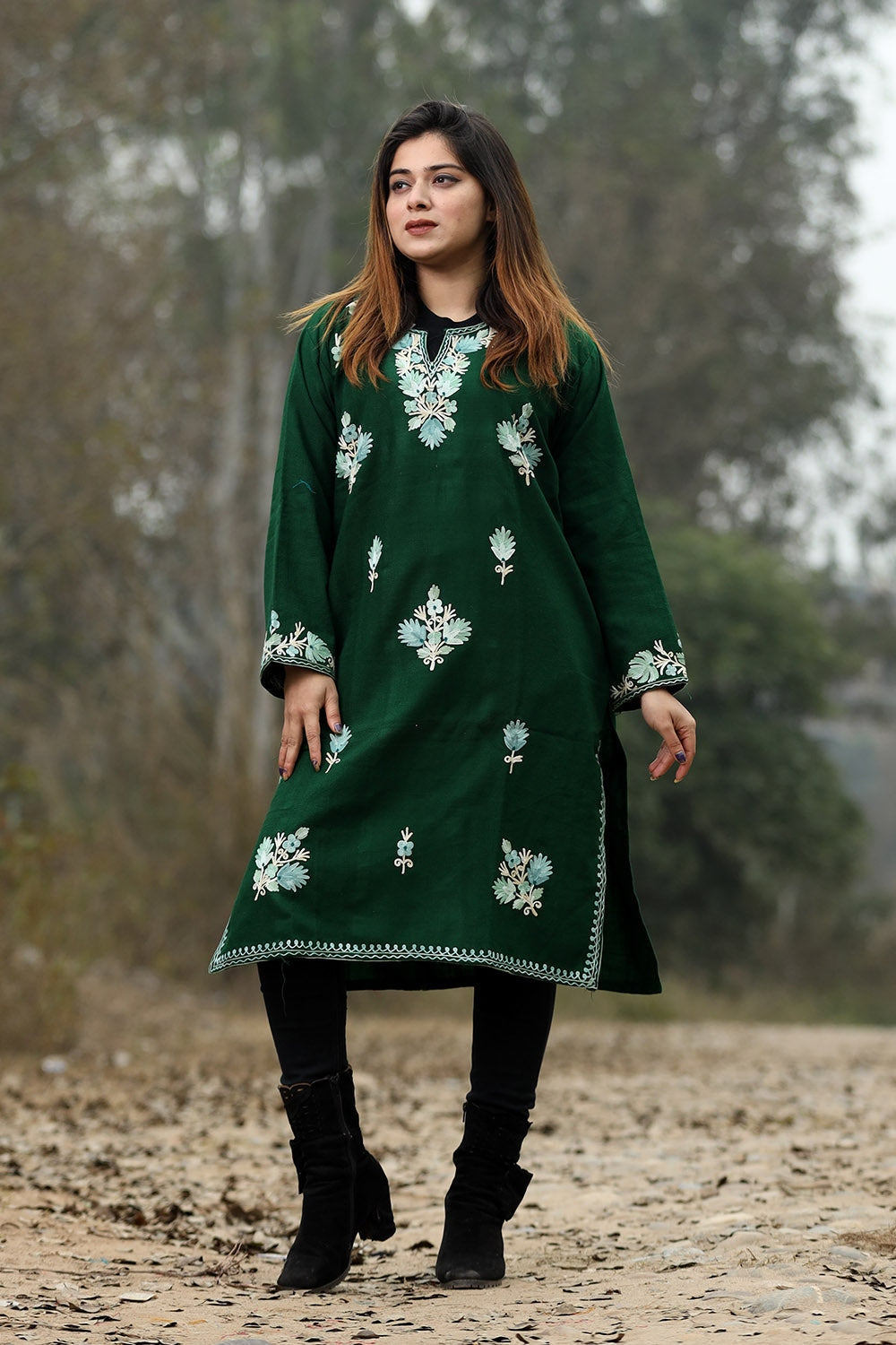 Bottle Green Color Aari Work Embroidered Kurti With New