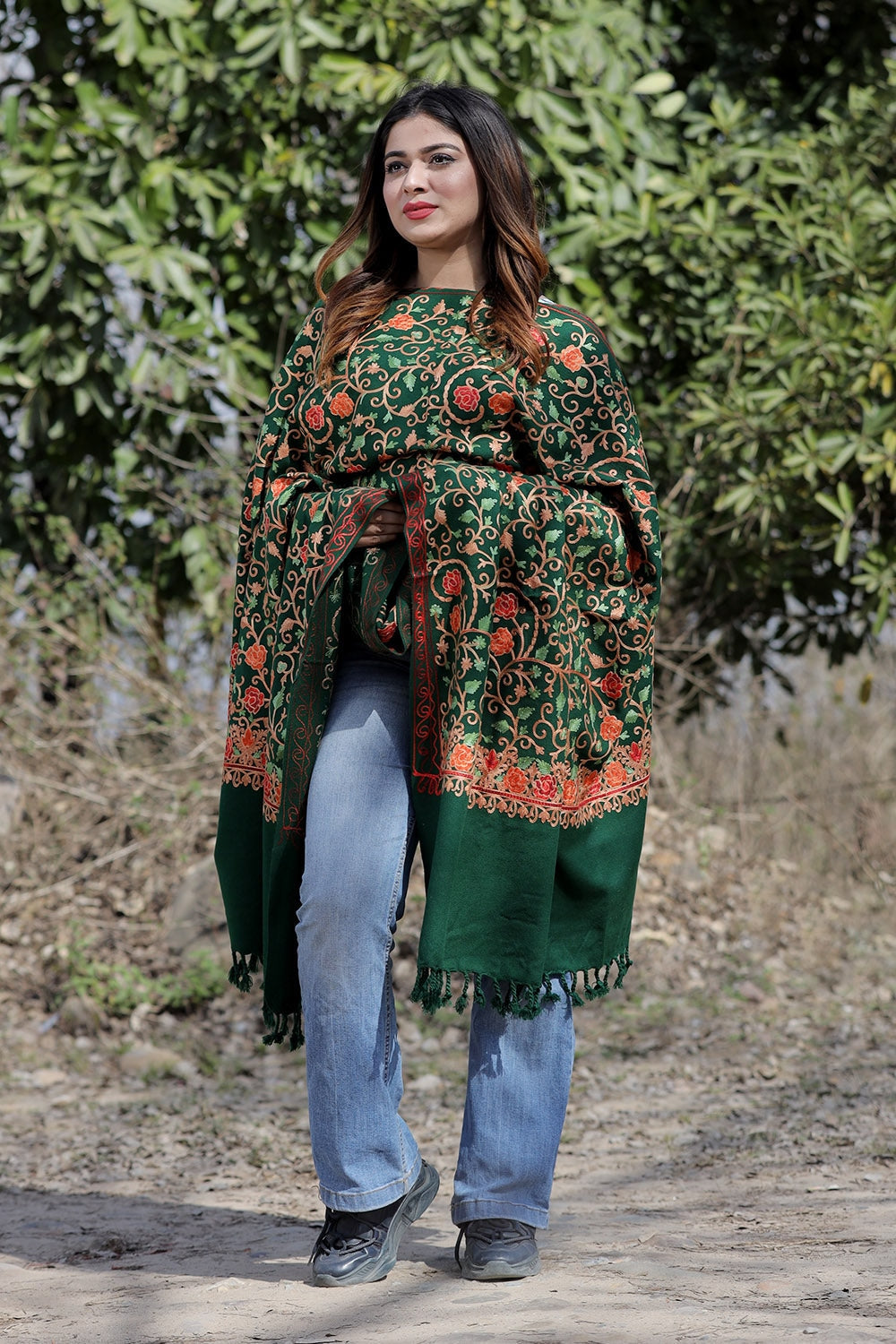 Bottle Green Color Aari Work Embroidered Shawl Enriched