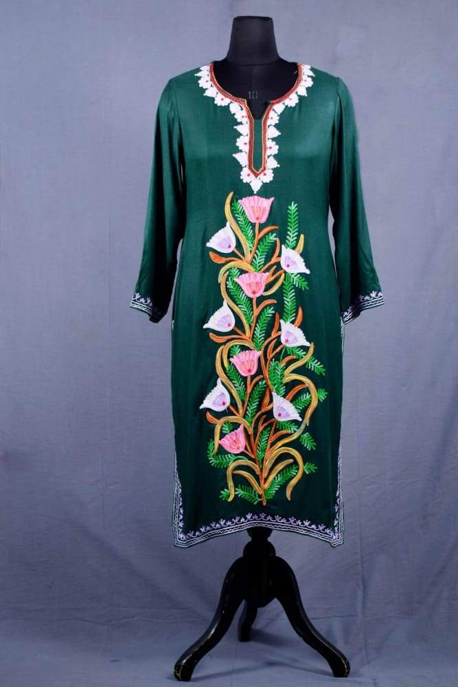 BOTTLE GREEN COLOUR AARI WORK EMBROIDERED KURTI WITH NEW