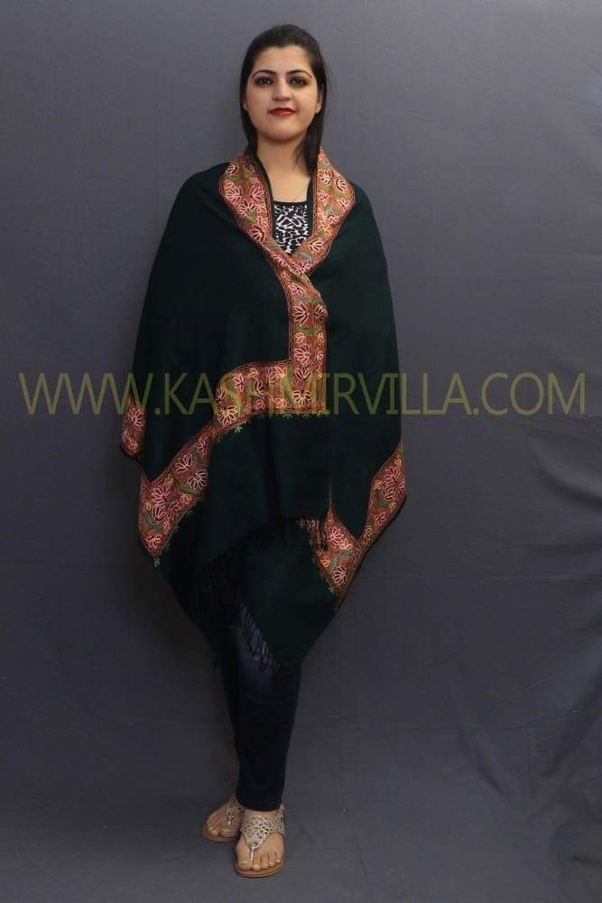 Bottle Green Colour Sozni Work Handwoven Stole On Pashmina