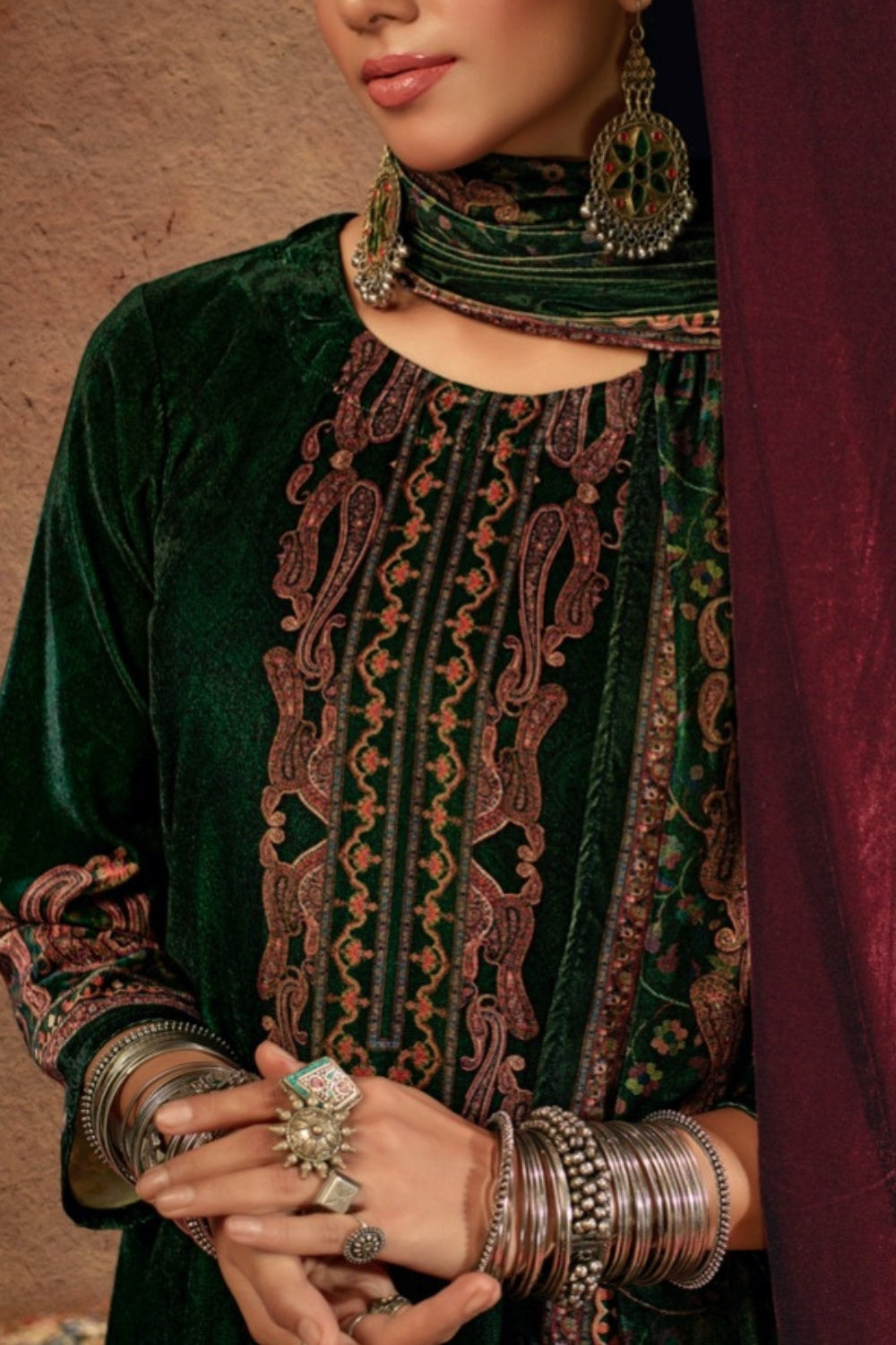 Bottle Green Colour Velvet Printed Woolen Unstitched Suit