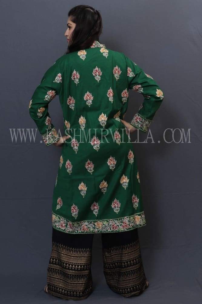 Bottle Green Colour Kashmiri Aari Work Embroidered Jacket