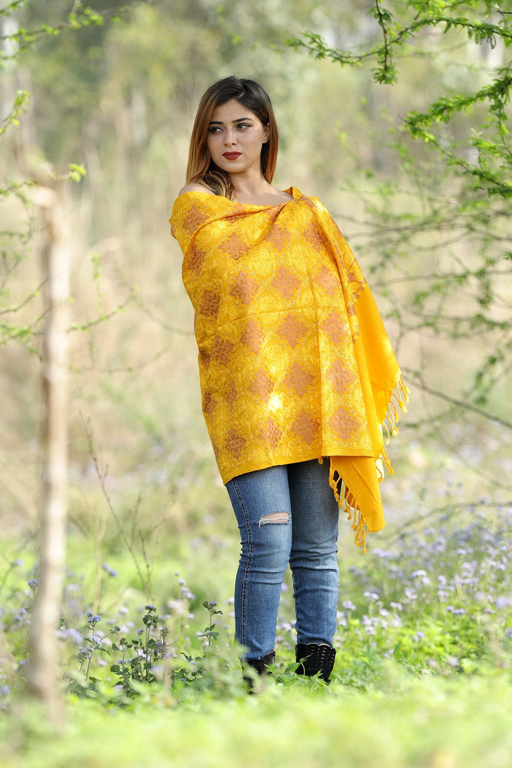 BRIGHT SUNSHINE YELLOW Colour Stole With Graceful Dense Jaal