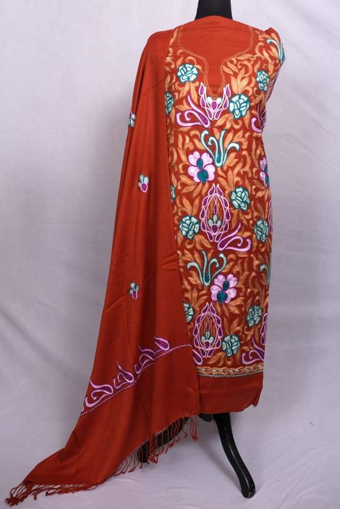 Brown Color Kashmiri Aari Work Unstitched Woollen Suit