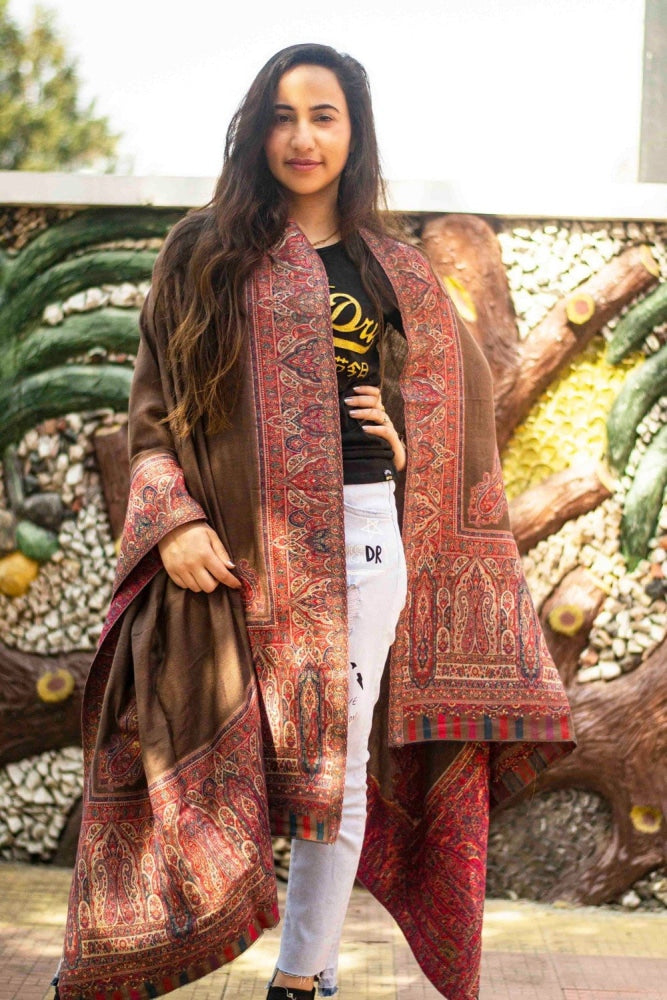 Brown Colour Kani Shawl With Style Bold And Dense Border