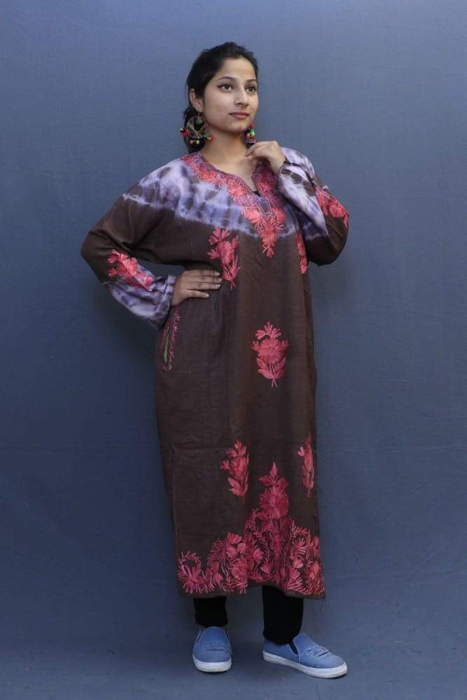 Brown Colour Tye And Dye Phiran With Kashida Work Embroidery