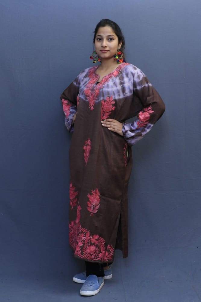 Brown Colour Tye And Dye Phiran With Kashida Work Embroidery