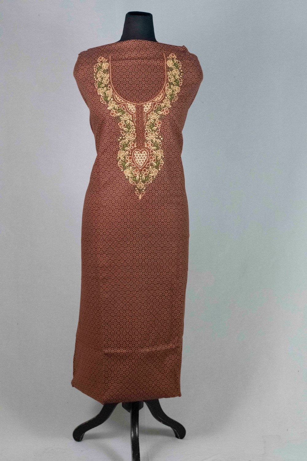 Brown Colour Woolen Kani Printed Suit With Neck And Over