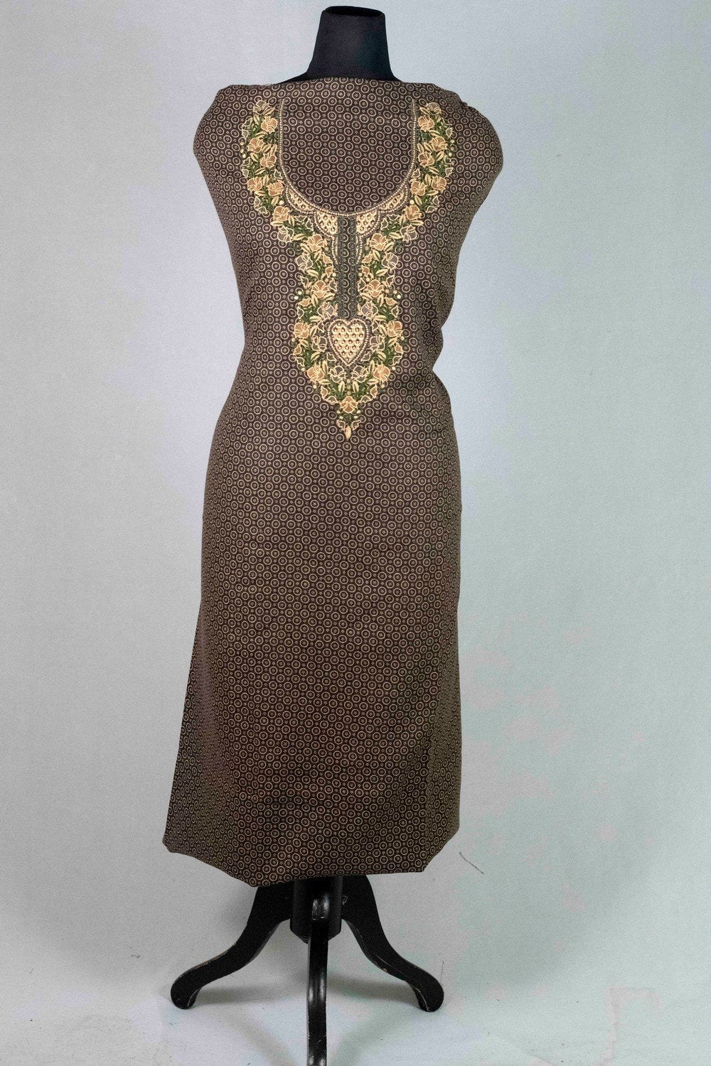 Brown Colour Woolen Kani Printed Suit With Neck And OverAll