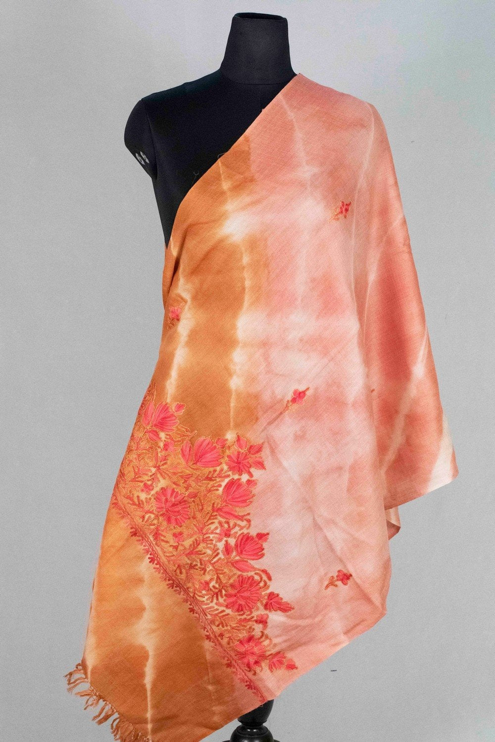 Brown Pink Colour Tye Dye Stole With kashmiri Embroidery