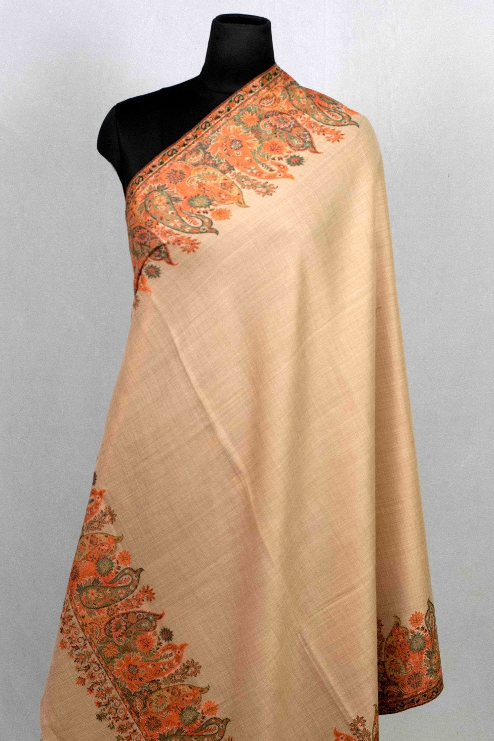 Brown Shawl With Flower Paisley Style Bold And Dense Border