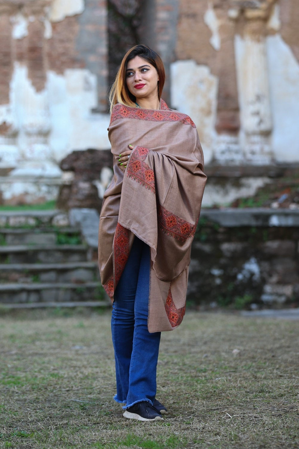 Burning Brown Colour Kashmiri Sozni Shawl Embellished