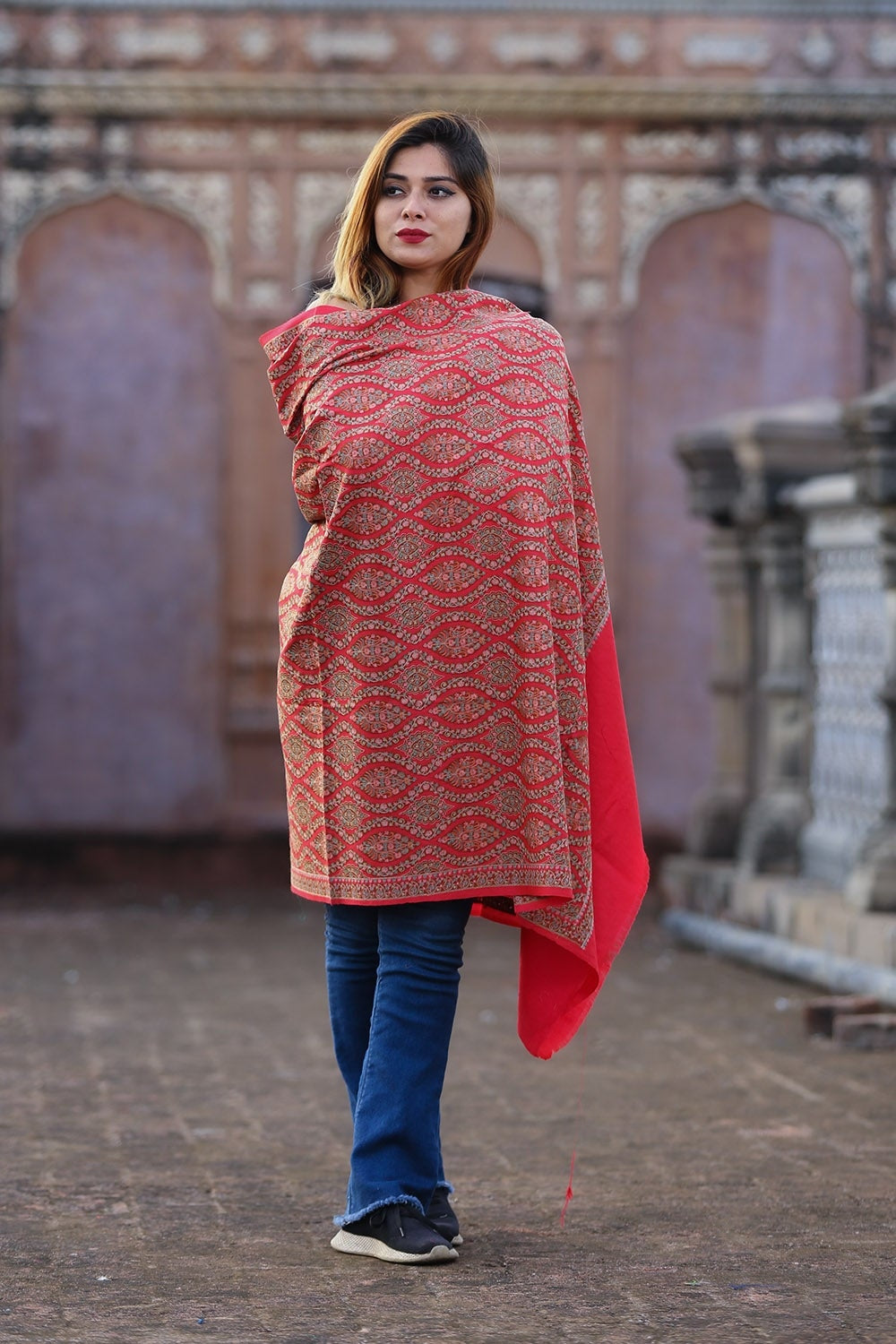 Burning Red Colour Embroidered Sozni Shawl Enriched