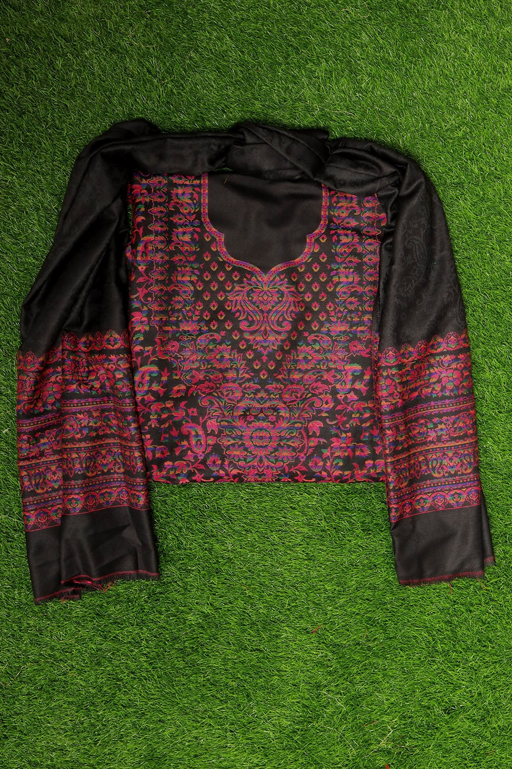 Carbon Black Cotton Zari Kani Suit With Self Woven