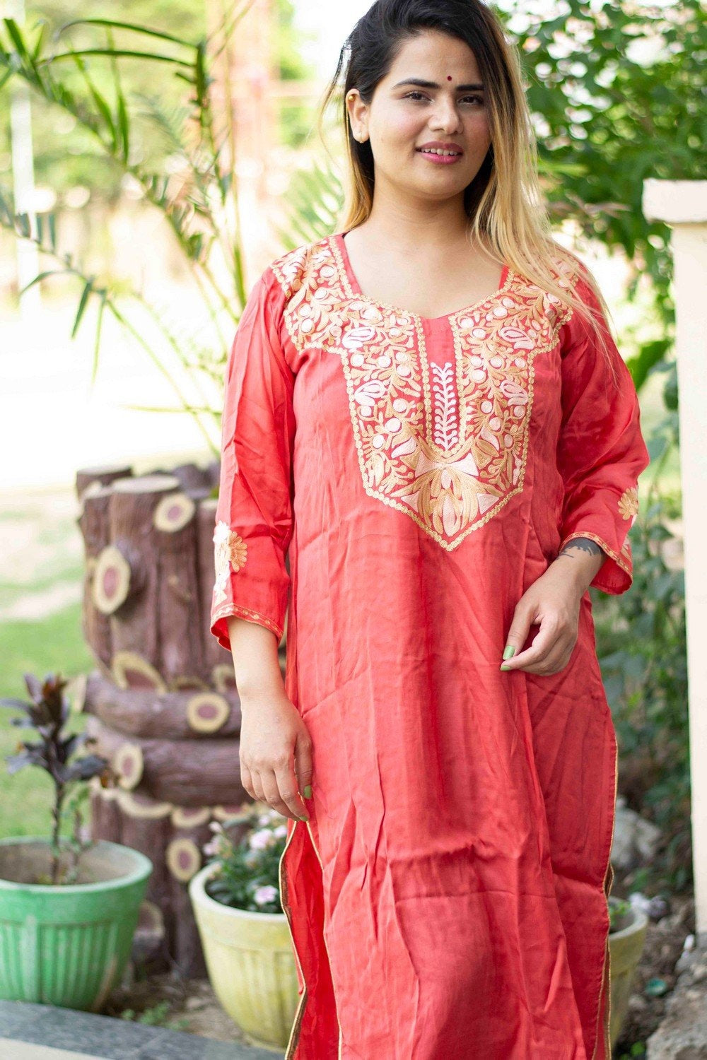 Carrot Colour Cotton Kurti With Beautiful Aari Embroidery