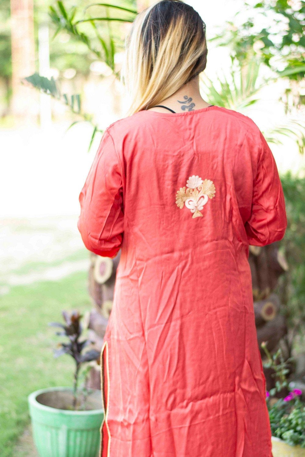 Carrot Colour Cotton Kurti With Beautiful Aari Embroidery