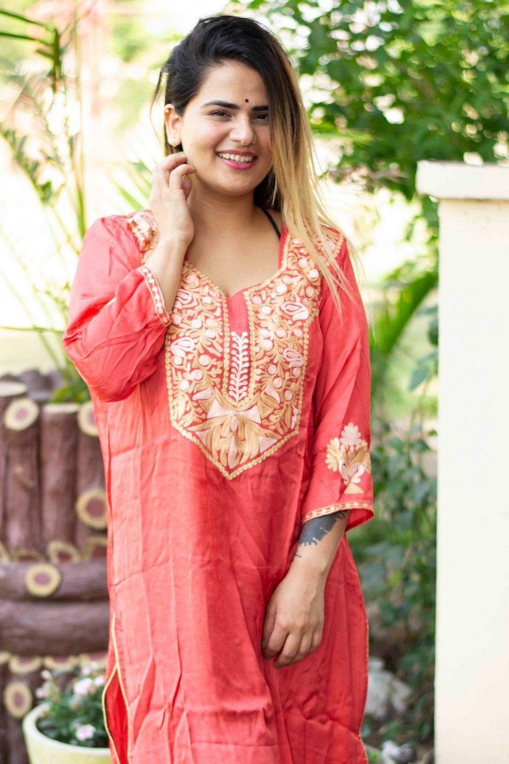 Carrot Colour Cotton Kurti With Beautiful Aari Embroidery