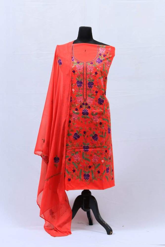 Carrot Colour Cotton Suit With Over All Kashmiri Jaal Highly