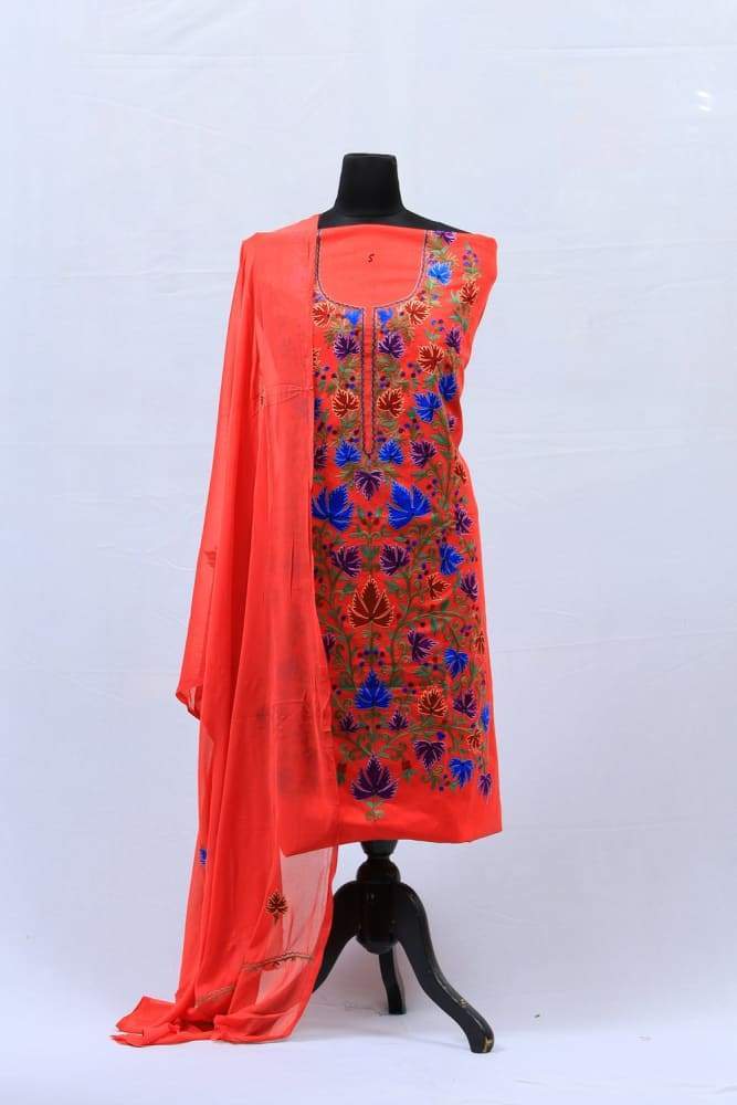 Carrot Colour Cotton Suit With Kashmiri Embroidery