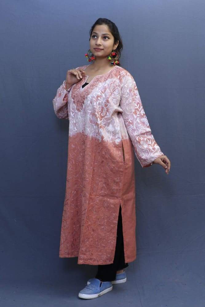 Carrot Colour Tye And Dye Phiran With Kashida Aari