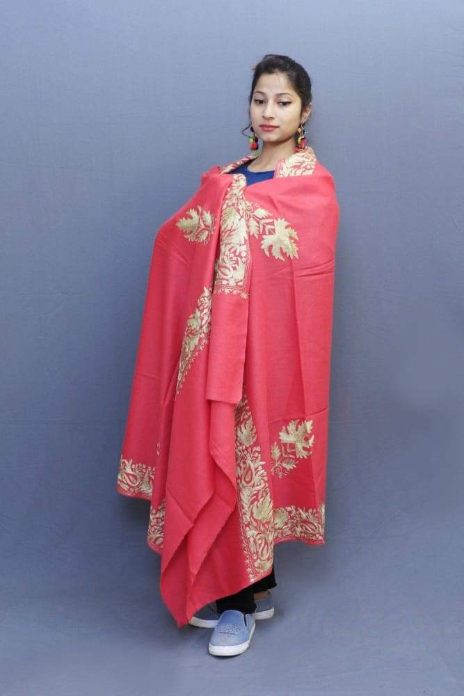 Carrot pink Semi pashmina Shawl Enriched With Ethnic Tilla