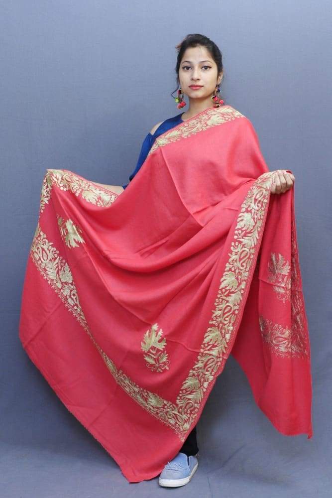 Carrot pink Semi pashmina Shawl Enriched With Ethnic Tilla