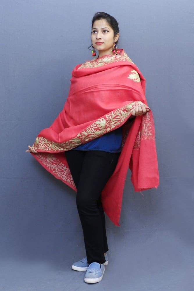 Carrot pink Semi pashmina Shawl Enriched With Ethnic Tilla