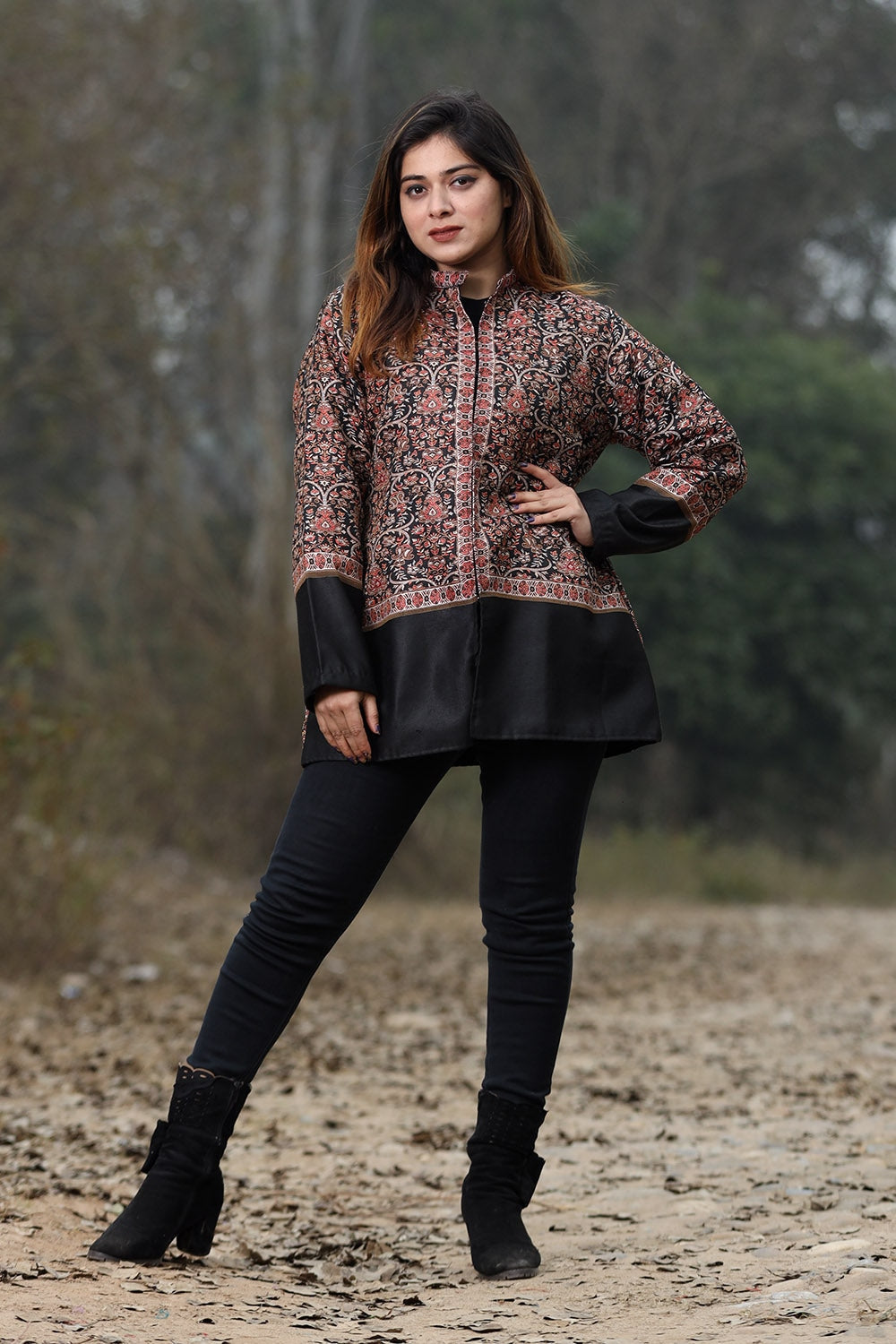 Charcoal Black Colour Jamawar Woven Jacket With Beautiful