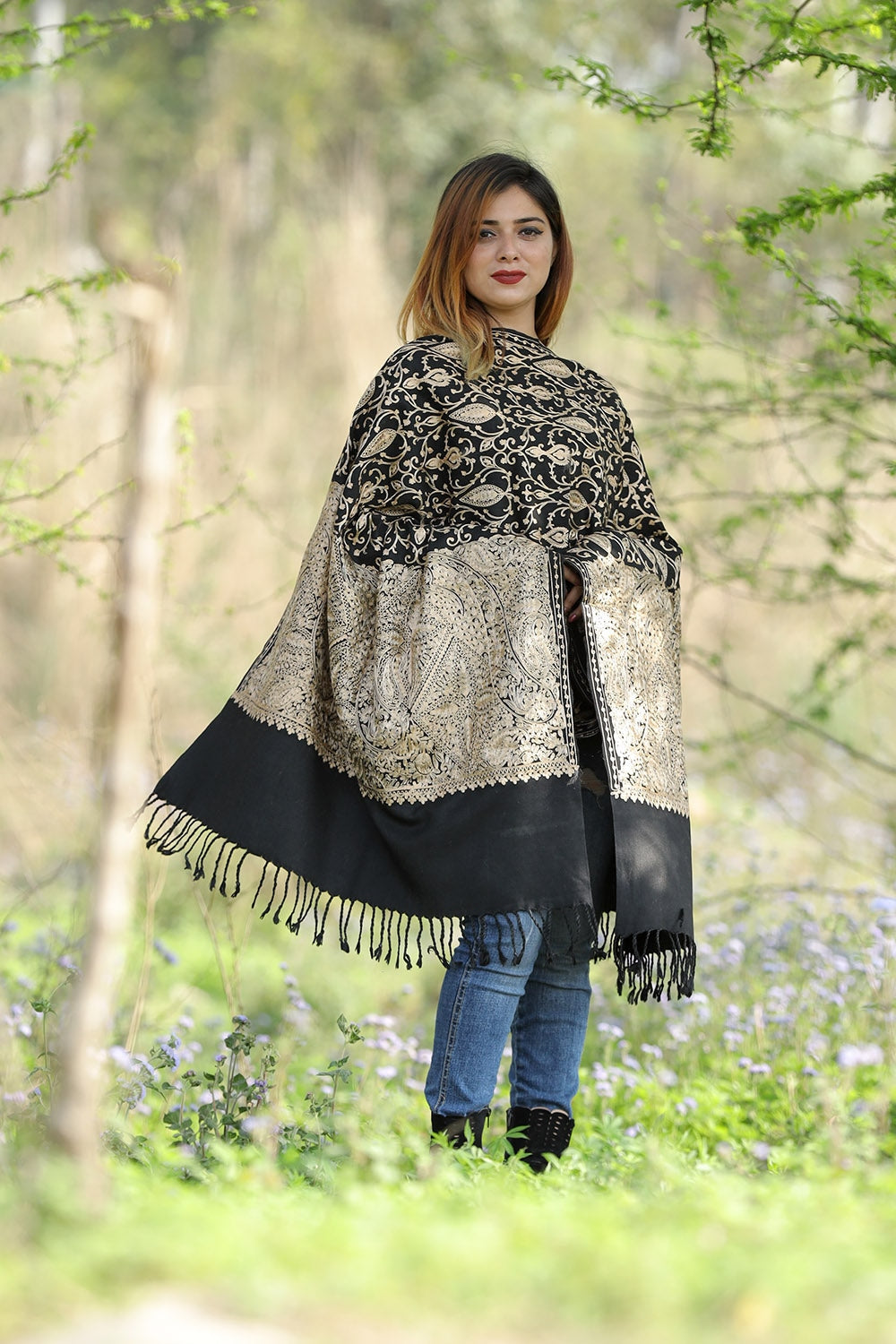 Charcoal Black Colour Stole With Graceful Dense Jaal Pattern