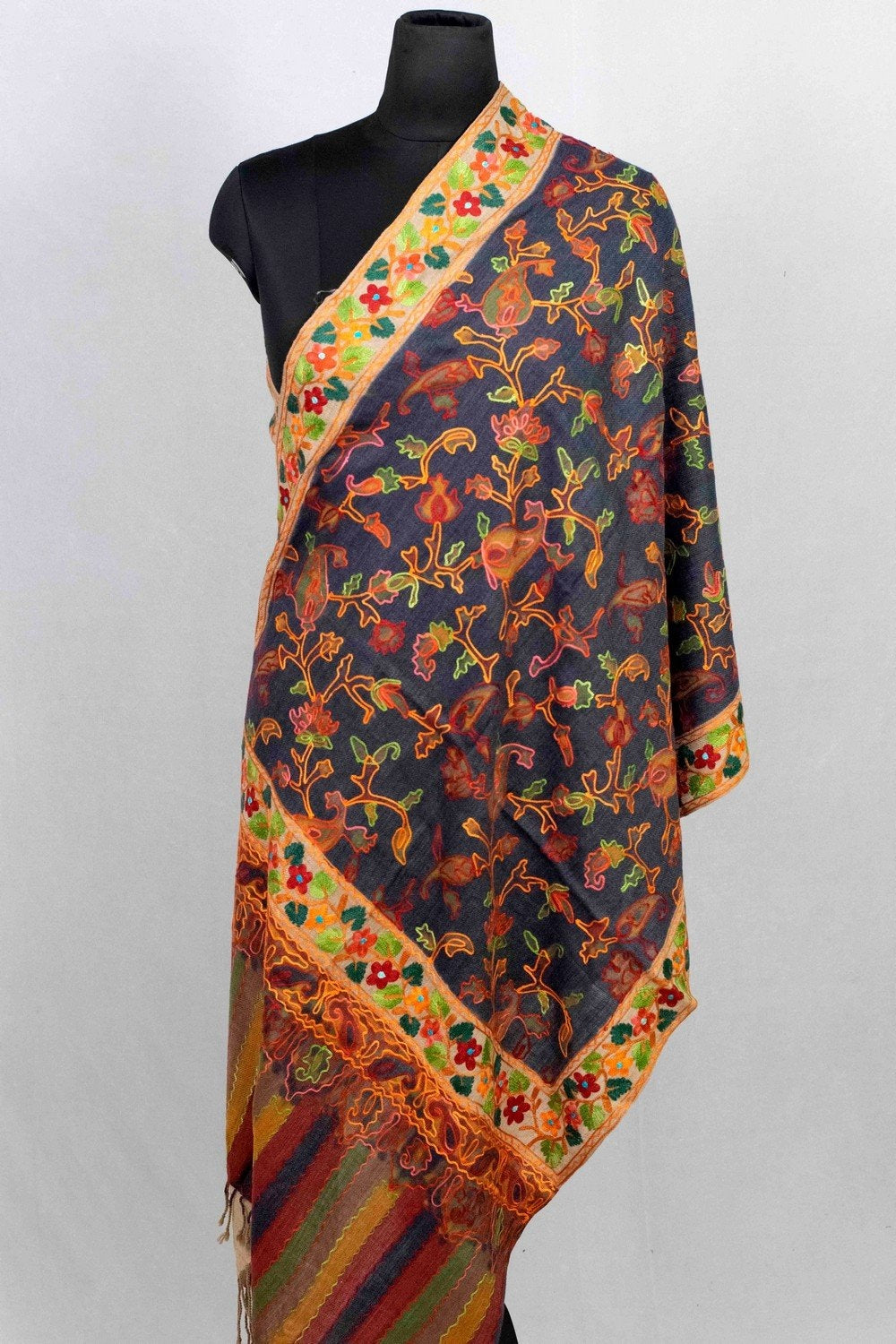 Charcoal Grey Color Aari Work Embroidered Stole Enriched