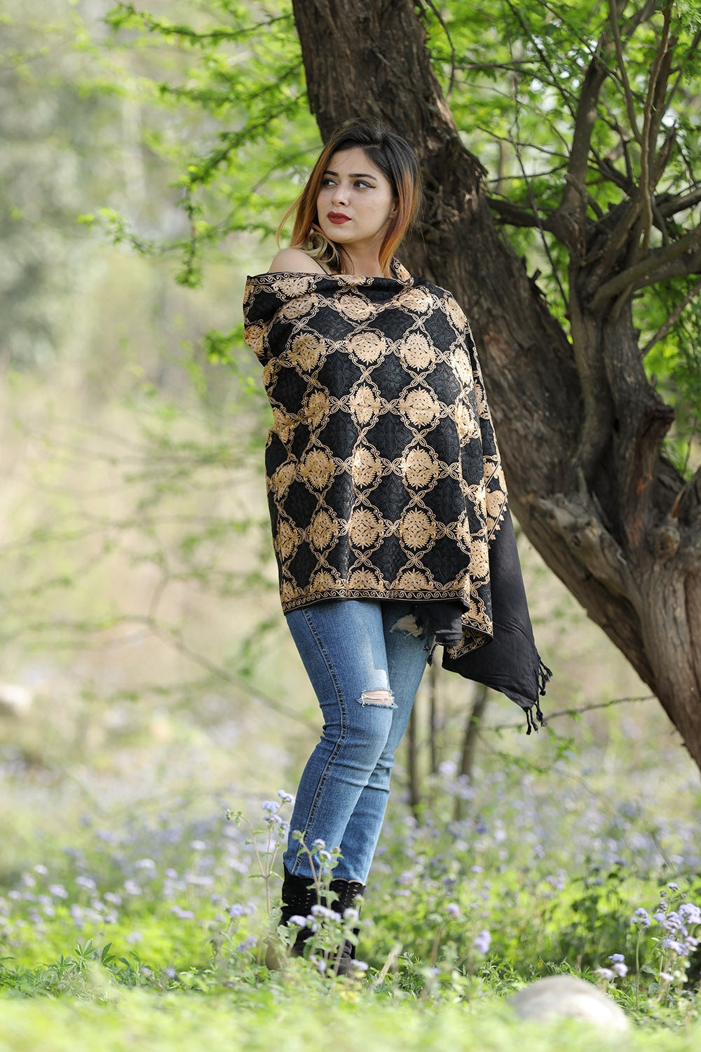 Charismatic Black & Beige Colour Stole With Graceful Dense