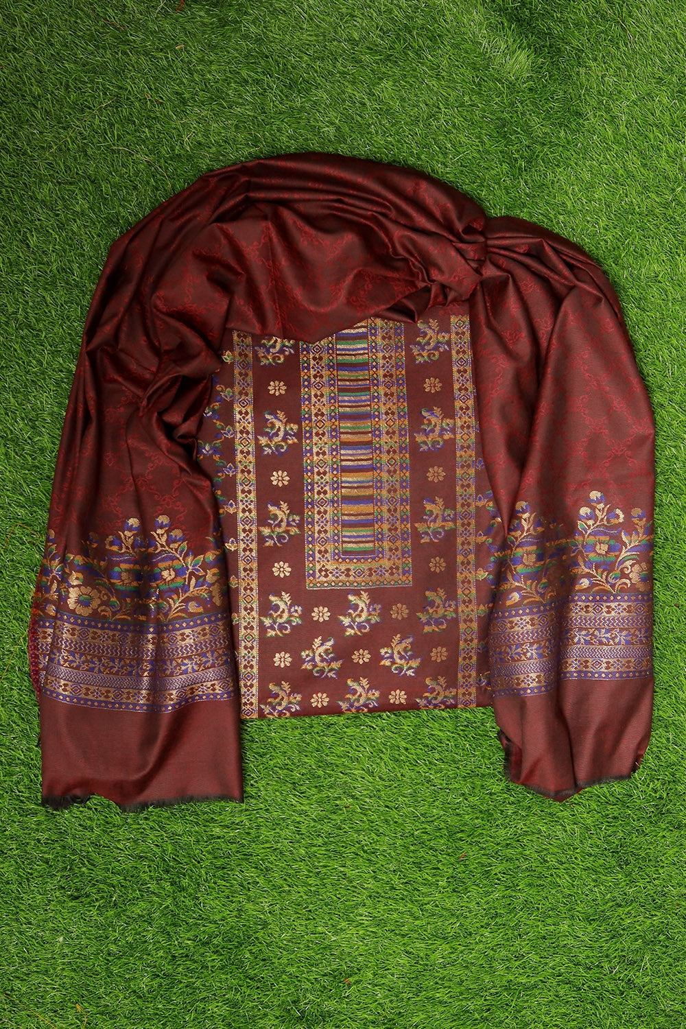 Charismatic Burgundy Colour Cotton Zari Kani Stole Suit