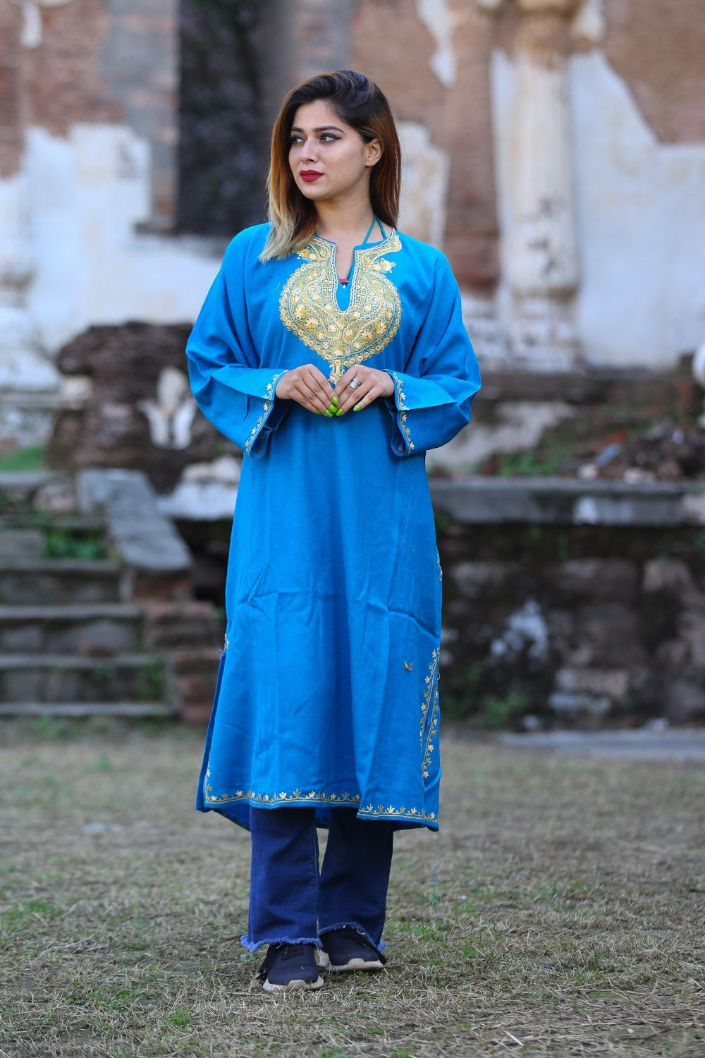 Charismatic Firozi Blue Color Phiran Embellished Multicolour