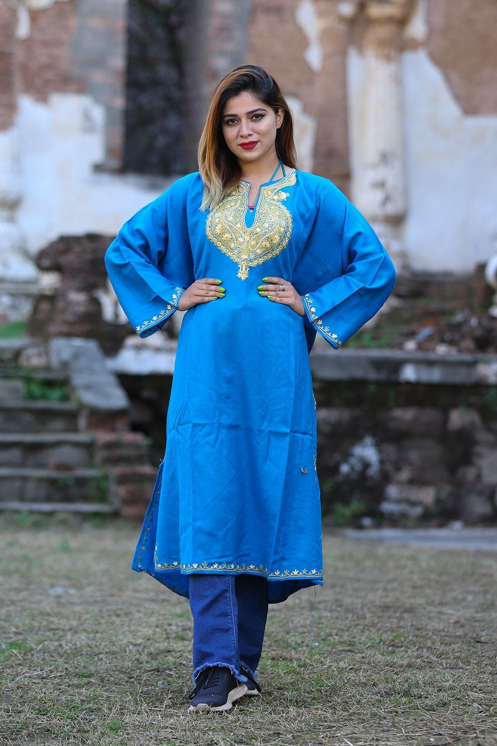 Charismatic Firozi Blue Color Phiran Embellished Multicolour