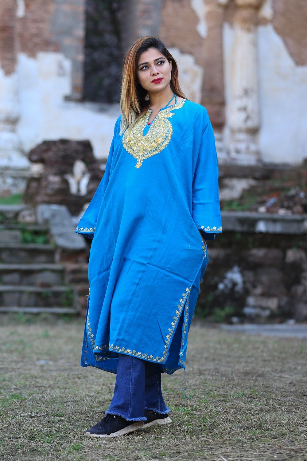 Charismatic Firozi Blue Color Phiran Embellished Multicolour