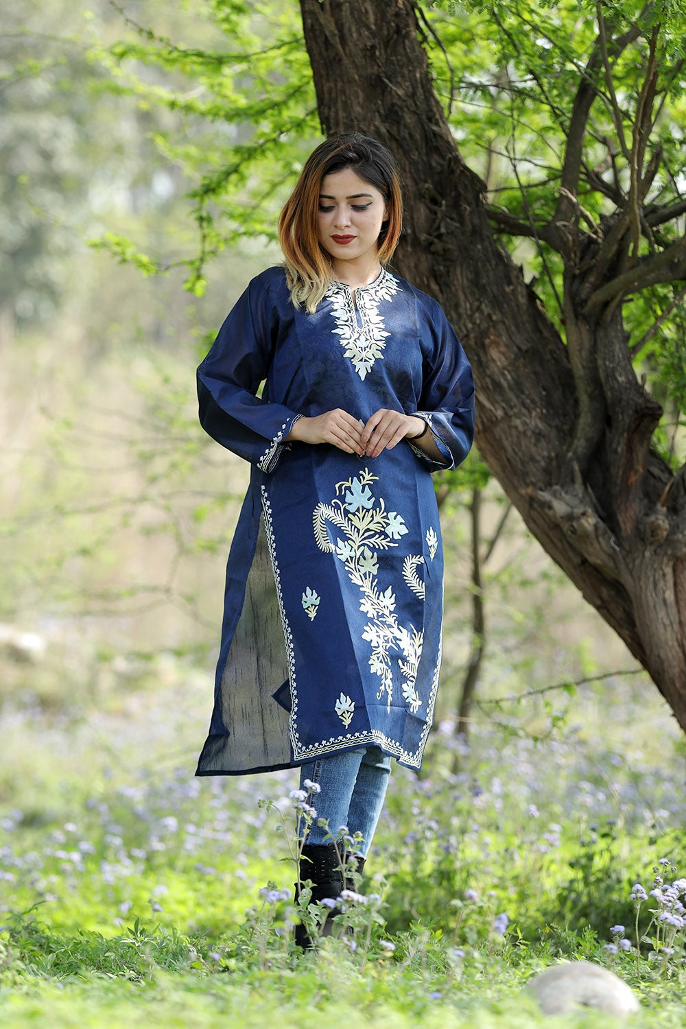 Charismatic Navy Blue Colour Rayon Silk Kurti With Beautiful