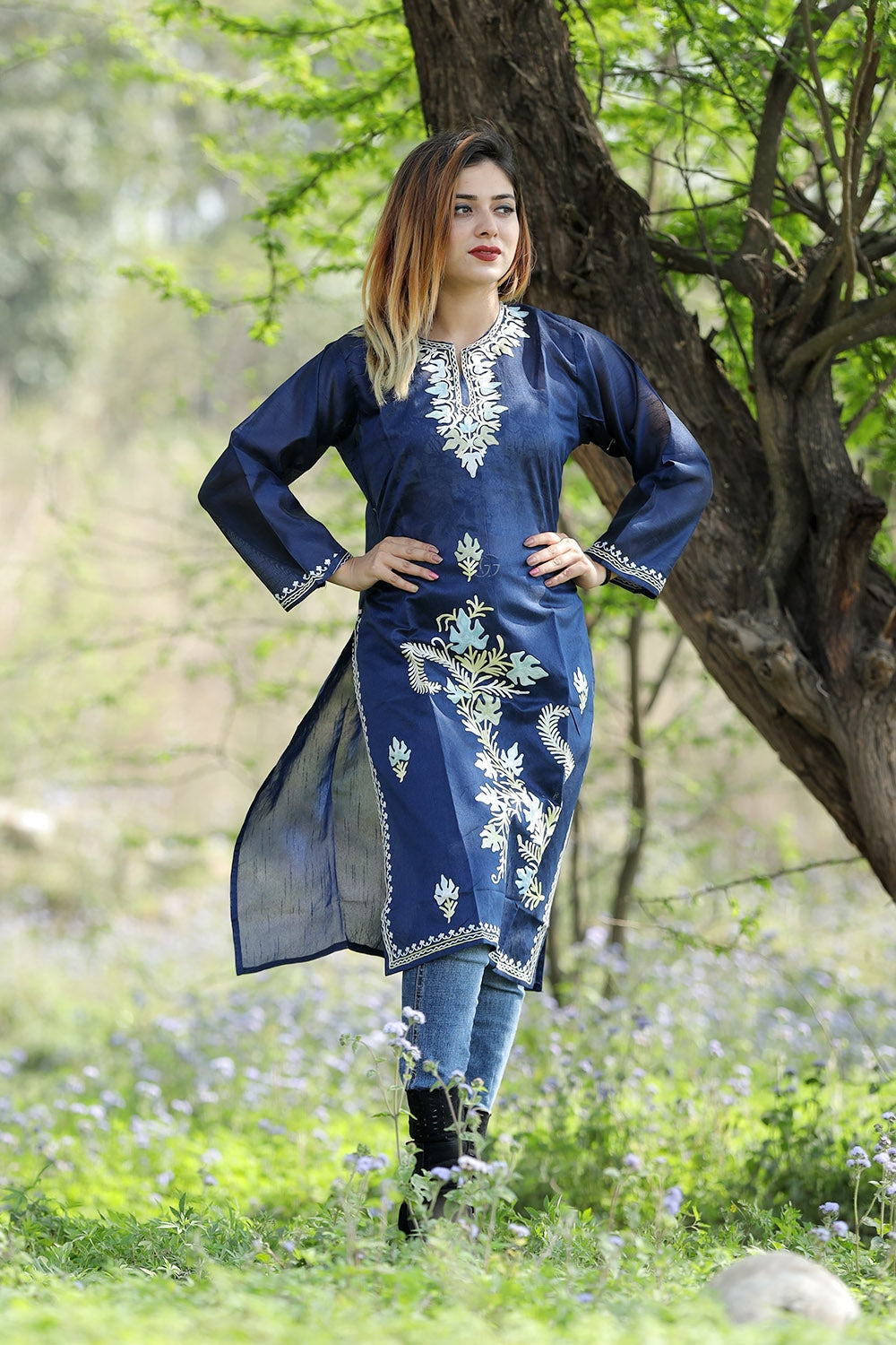 Charismatic Navy Blue Colour Rayon Silk Kurti With Beautiful