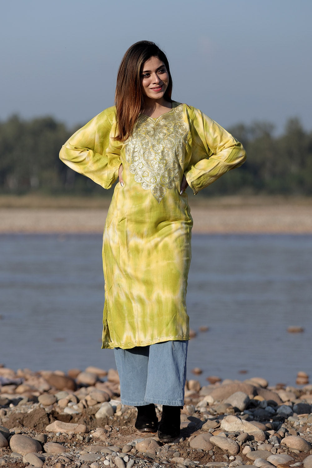 CHARISMATIC RAW YELLOW COLOUR TIE-DYE Aari Tilla Work