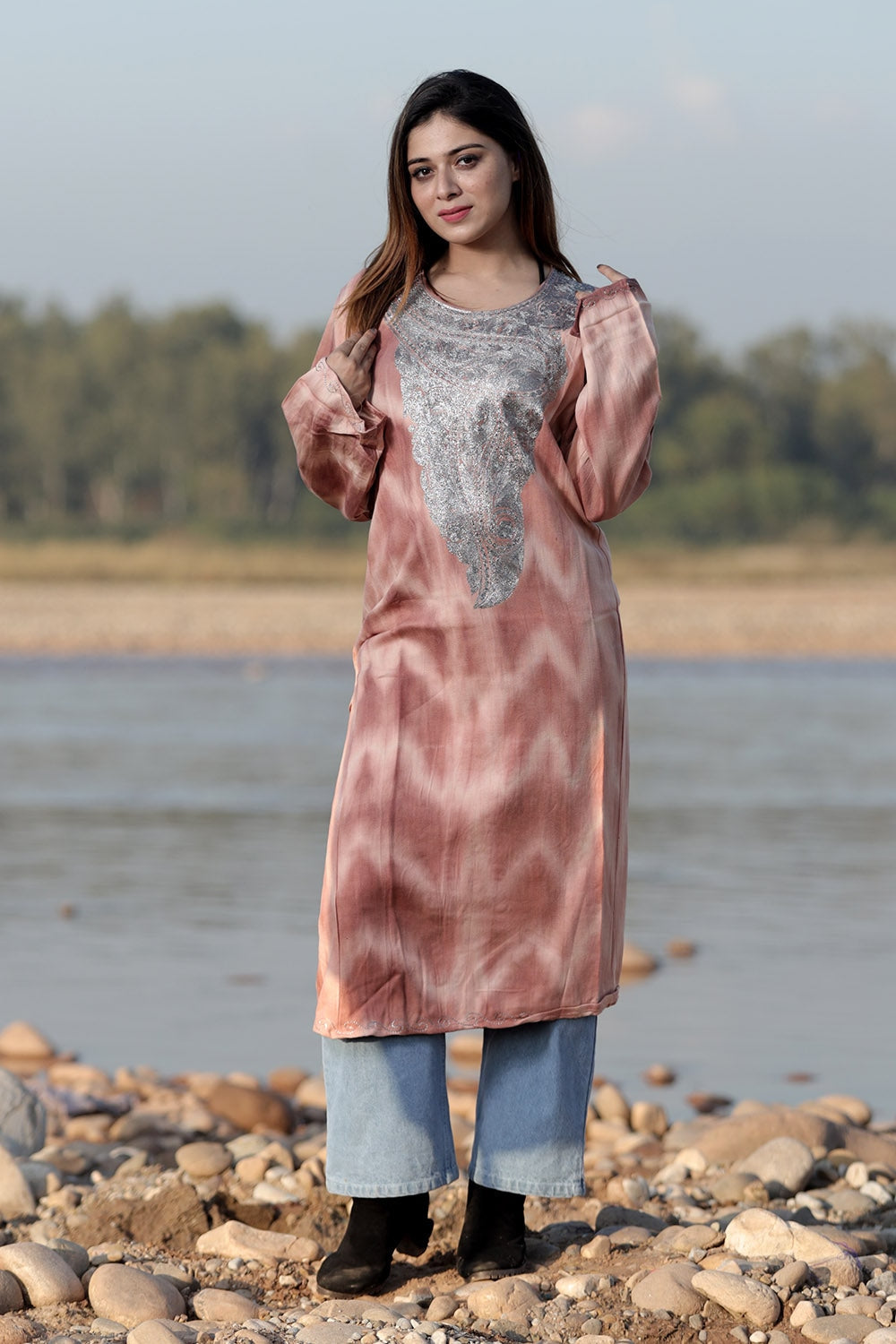 CHARISMATIC RUST COLOUR TIE-DYE Aari Tilla Work Embroidered